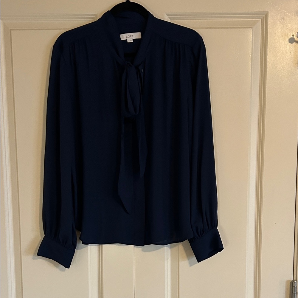 LOFT Dark Blue Tie-Neck Blouse